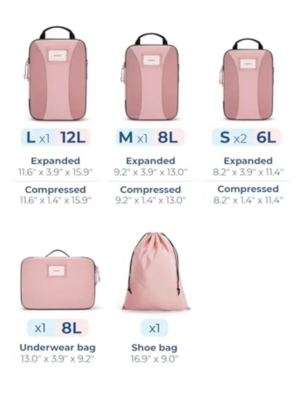 Compression Packing Cubes Travel Organizer Set Luggage Storage Bags 6 Piece